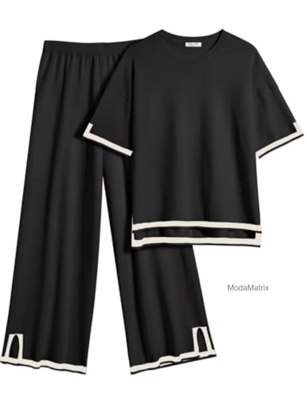 Womens 2 Piece Lounge Set Knit Short Sleeve Top Wide Leg Pants Loungewear